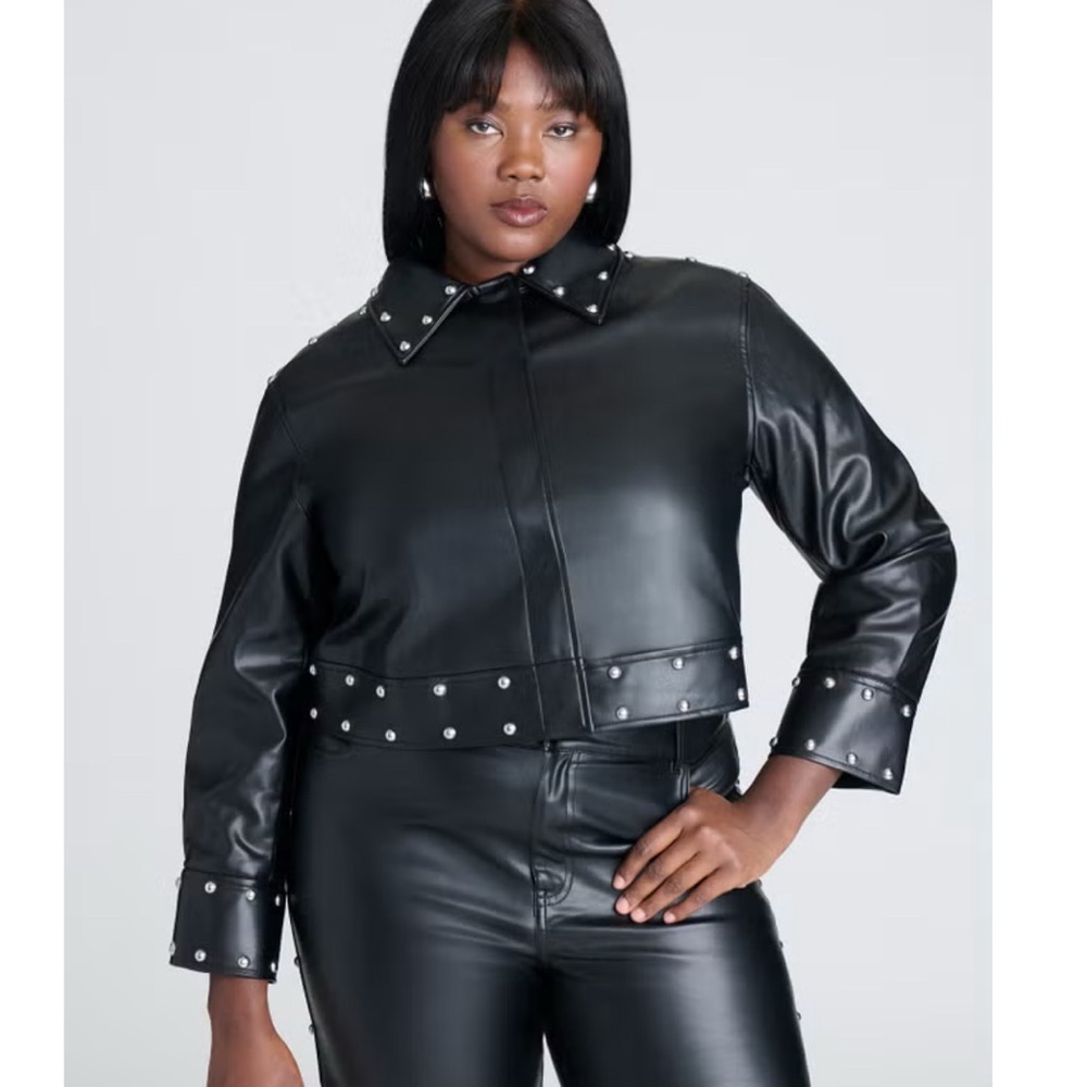 Elegant Eloquii Black Faux Leather Jacket with silver studs.